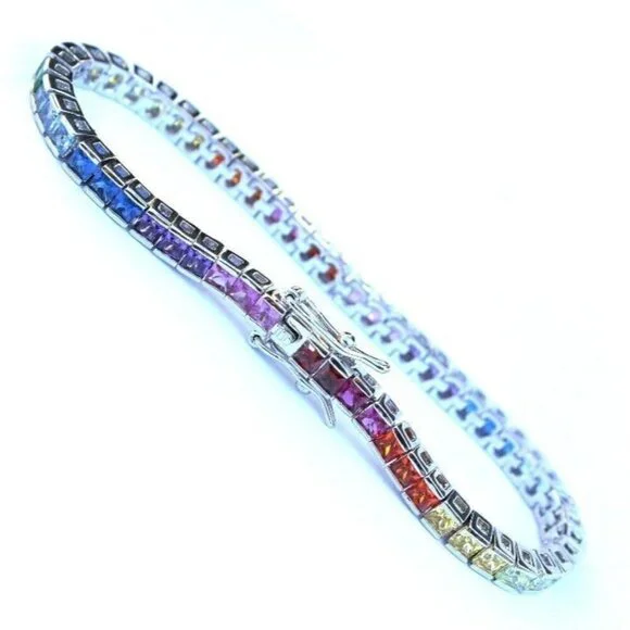 Princess Cut Covenant Gods Promise Over the Rainbow Colorful Cz Tennis Bracelet - Picture 6 of 11